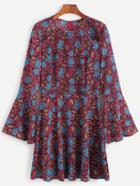 Shein Florals Cut Out Front Bell Sleeve Dress