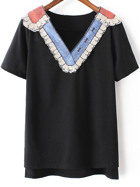 Shein Black Dip Hem Sequined V Neck Short Sleeve T-shirt