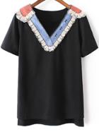 Shein Black Dip Hem Sequined V Neck Short Sleeve T-shirt