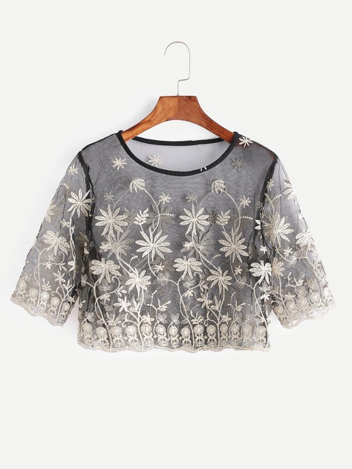 Shein Black Flower Embroidered Sheer Mesh Crop Top