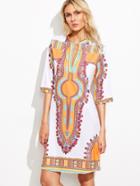 Shein Vintage Print Deep V Neck Elbow Sleeve Tunic Dress