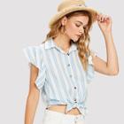 Shein Ruffle Sleeve Knot Front Striped Blouse