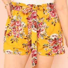 Shein Plus Belted Frilled Waist Botanical Shorts