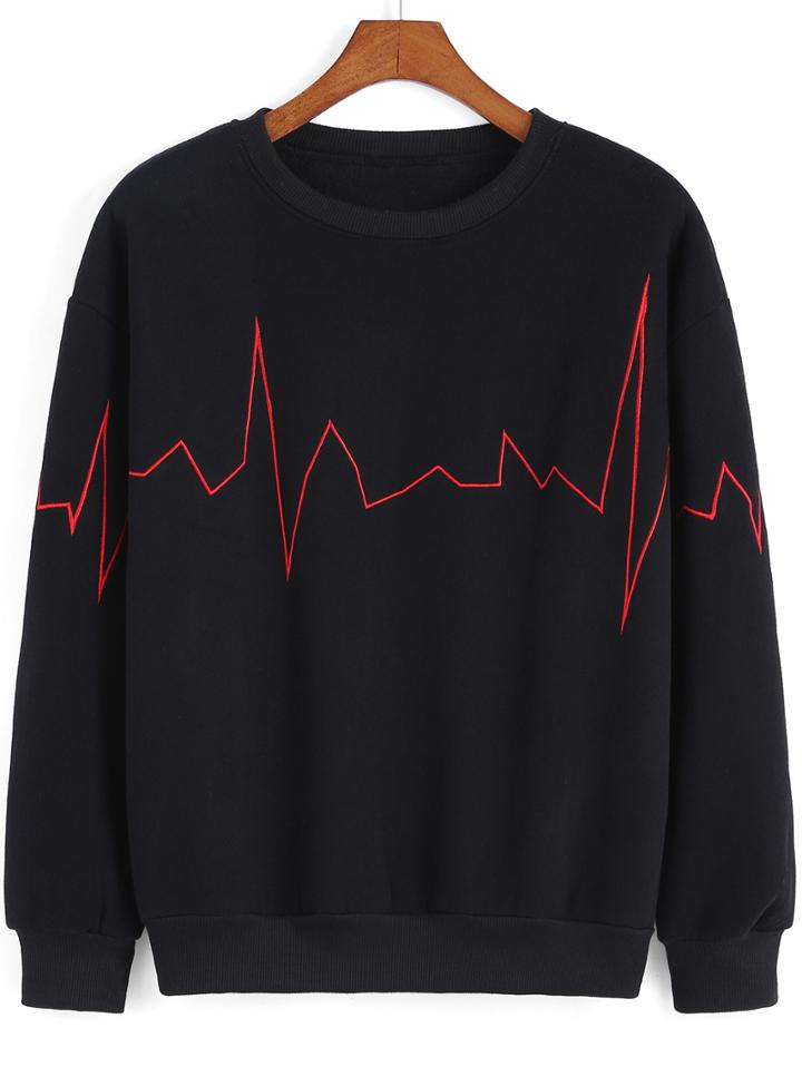 Shein Black Round Neck Ecg Print Sweatshirt