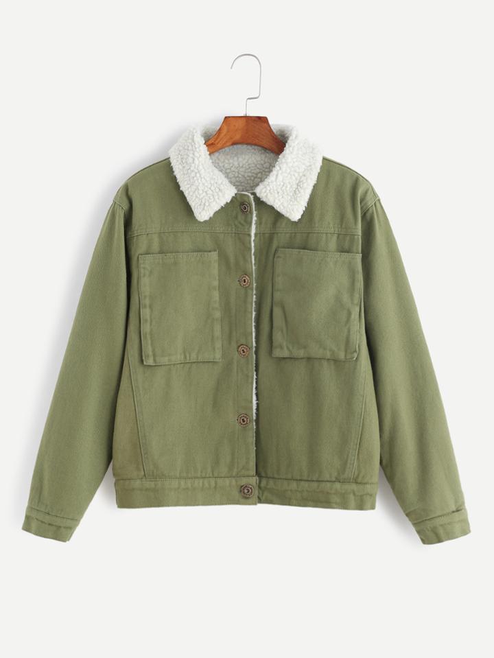 Shein Army Green Single Breasted Faux Shearling Lined Coat