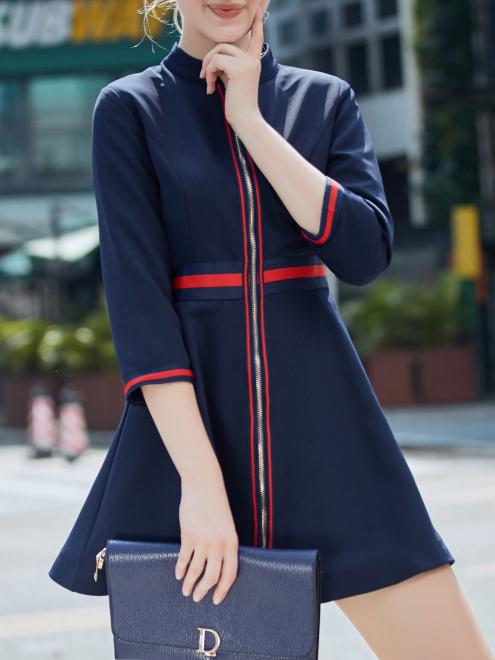 Shein Navy Collar Zipper Contrast Orange A-line Dress