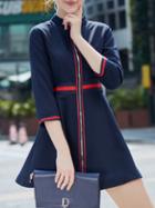 Shein Navy Collar Zipper Contrast Orange A-line Dress