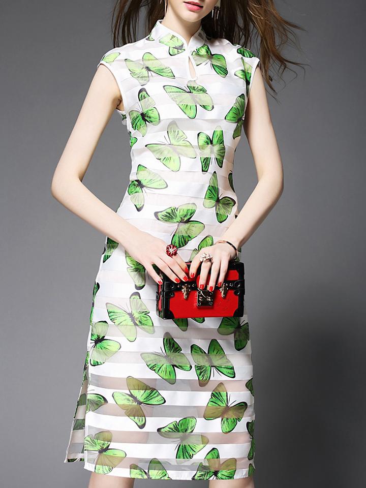 Shein Green White Butterfly Print Split Shift Dress
