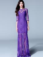 Shein Purple Round Neck Half Sleeve Contrast Organza Embroidered Dress