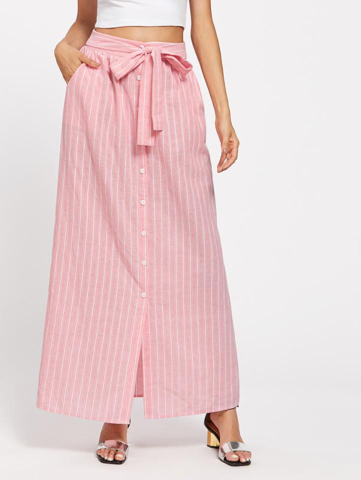 Shein Belted Button Up Pinstripe Skirt