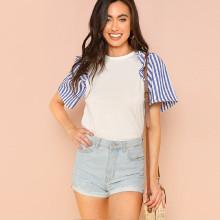 Shein Ruffle Striped Sleeve Keyhole Back Tee