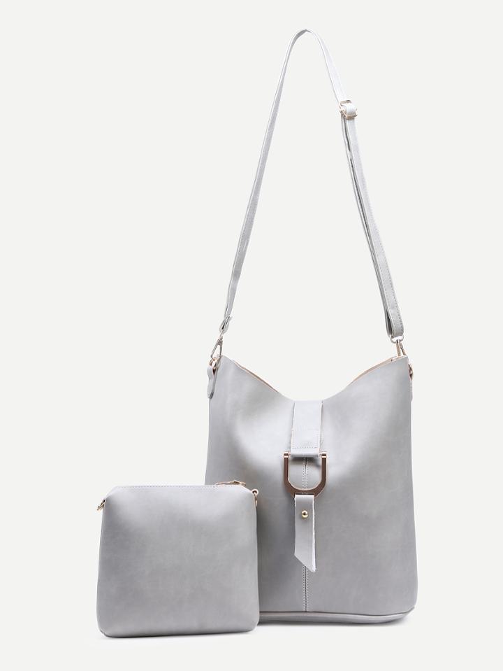 Shein Grey D Ring Strap Front Bucket Bag With Makeup Bag