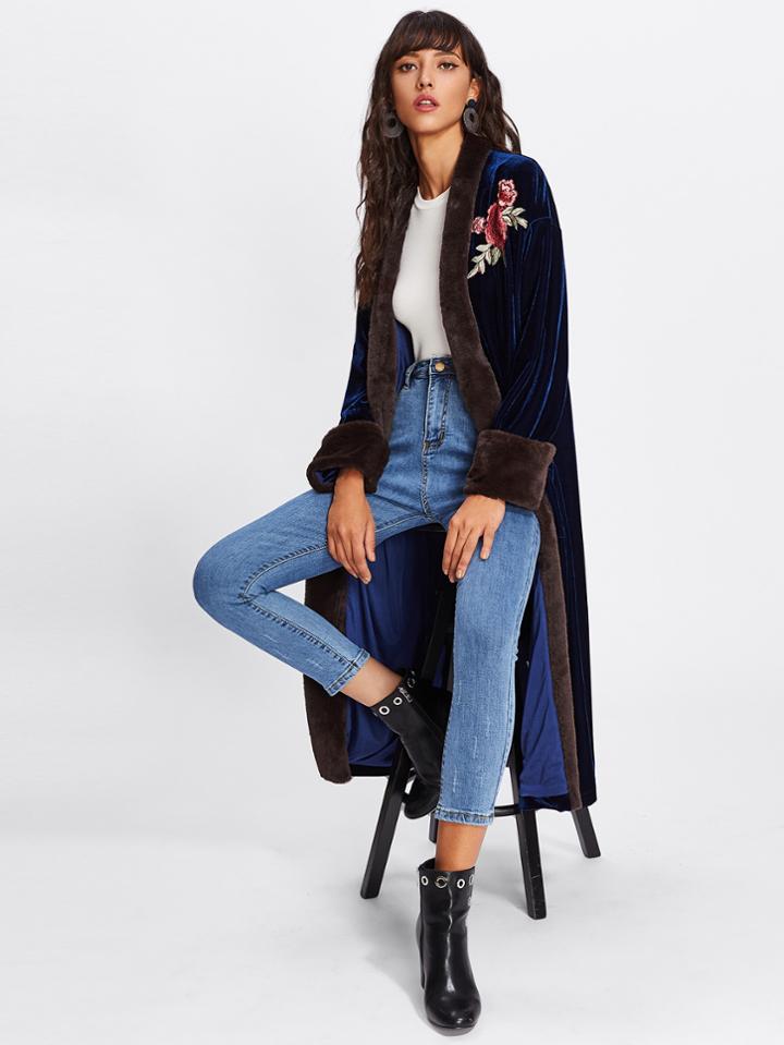 Shein Rose Embroidery Patch Open Front Velvet Coat