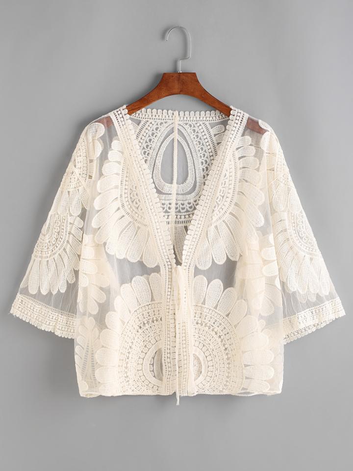Shein Beige Embroidered Sheer Mesh Top