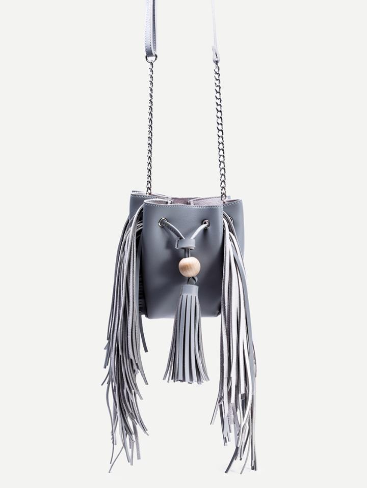Shein Grey Pu Fringe Tassel Drawstring Bucket Bag