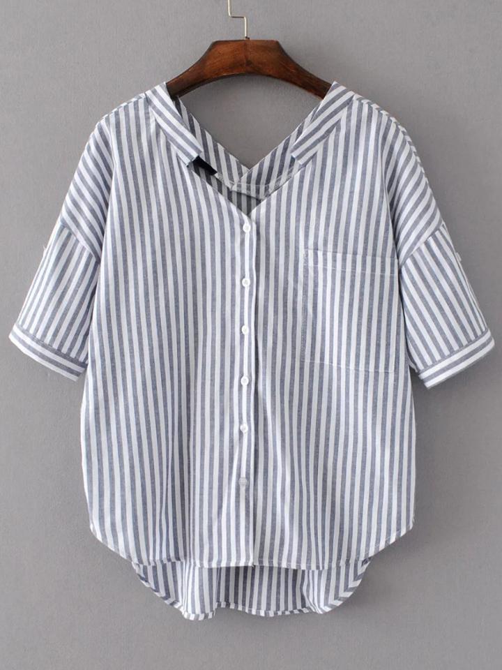 Shein White And Grey Vertical Striped Double V Neck High Low Blouse