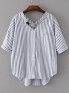 Shein White And Grey Vertical Striped Double V Neck High Low Blouse
