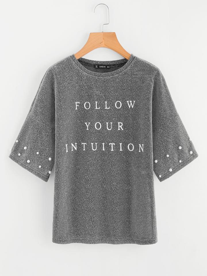 Shein Drop Shoulder Pearl Beading Glitter T-shirt