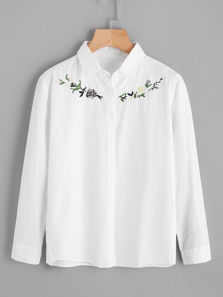 Shein Flower Embroidery Button Up Blouse