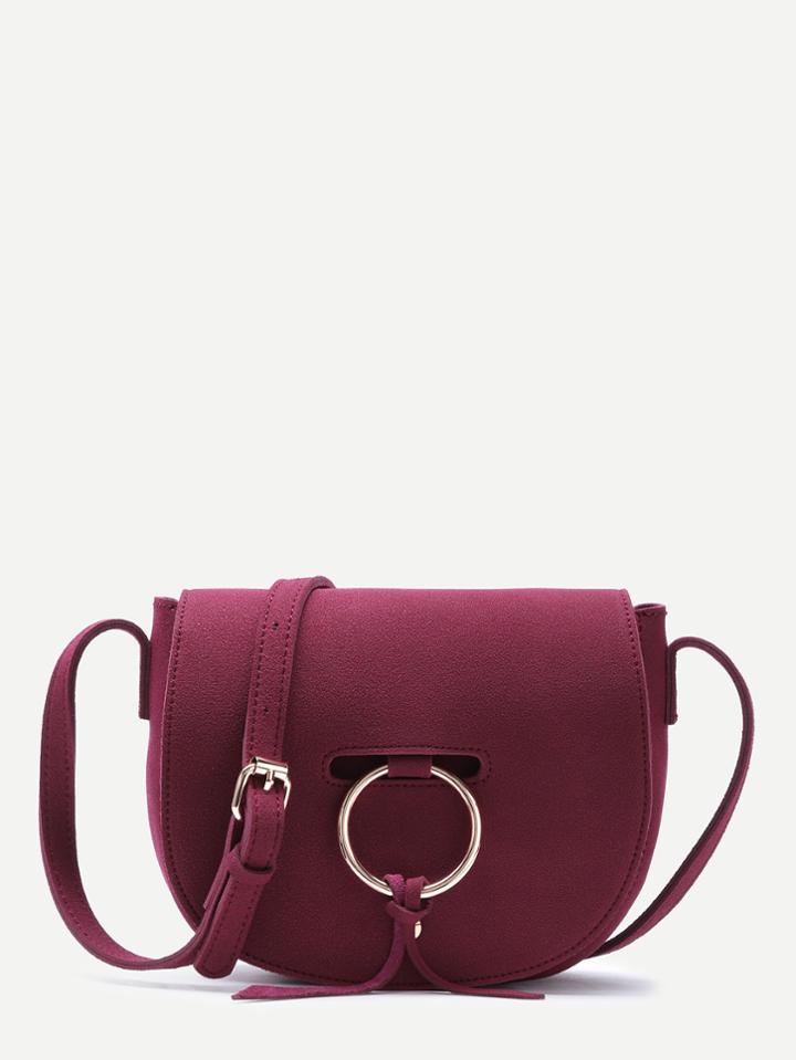 Shein Red Nubuck Leather Metal Ring Flap Saddle Bag