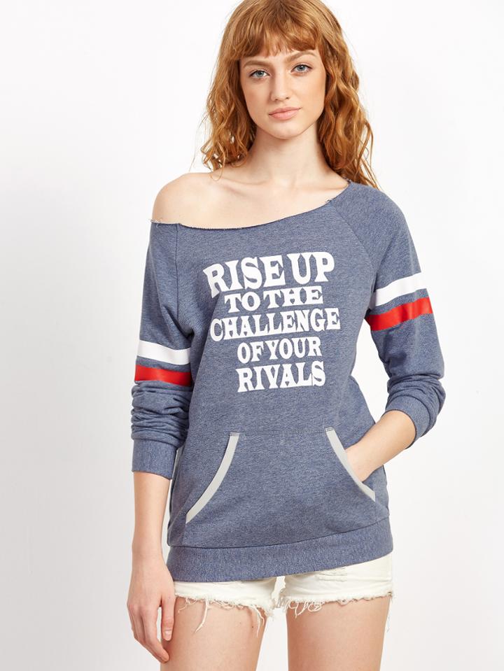 Shein Navy Heathered Letter Print Striped Sleeve Sweatshirt