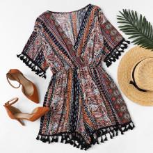 Shein Tribal Geo Print Fringe Hem Romper