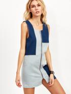 Shein Blue Zip Front Patchwork Denim Dress