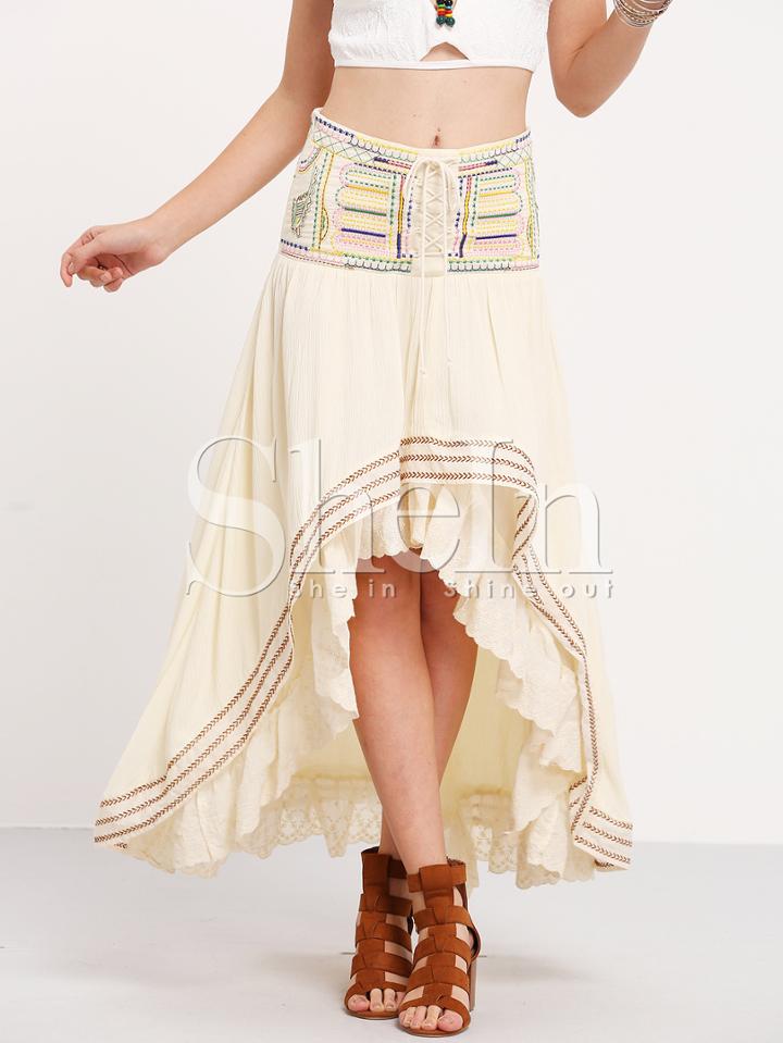 Shein Apricot Embroidered High Low Ruffle Skirt