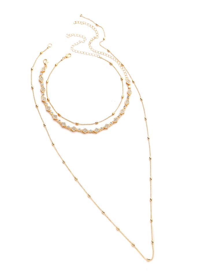 Shein Rhinestone Decorated Geometric Choker With Beaded Necklace