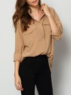 Shein Camel Stand Collar Buttons Pockets Blouse