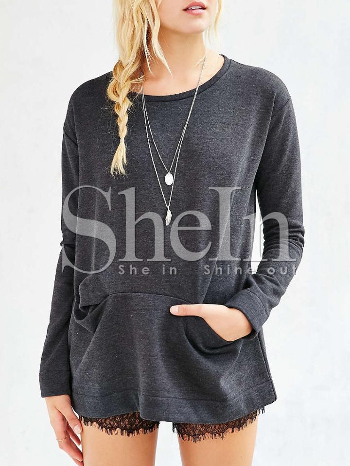 Shein Grey Long Sleeve Pockets Sweatshirt