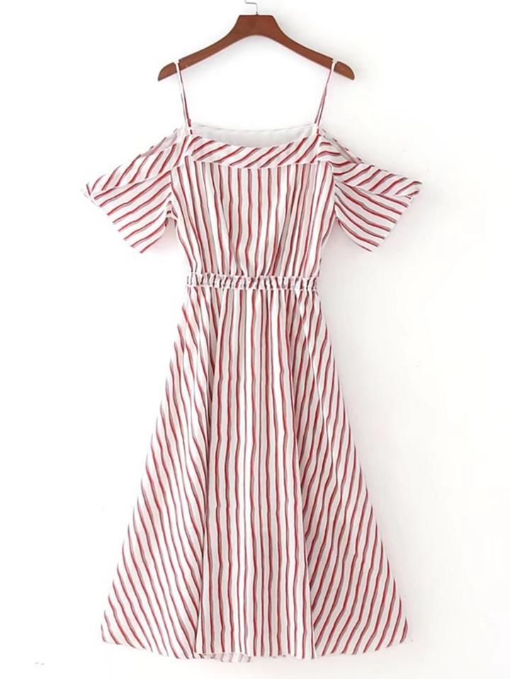 Shein Pinstriped Open Shoulder A Line Dress