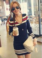 Rosewe Long Sleeve V Neck Striped Sweater Dress