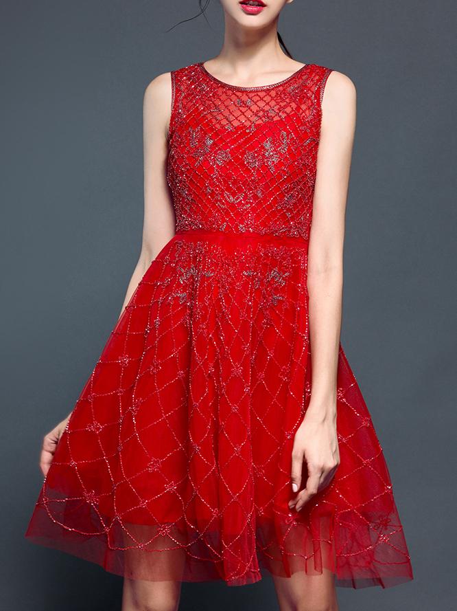 Shein Red Gauze Beading A-line Dress