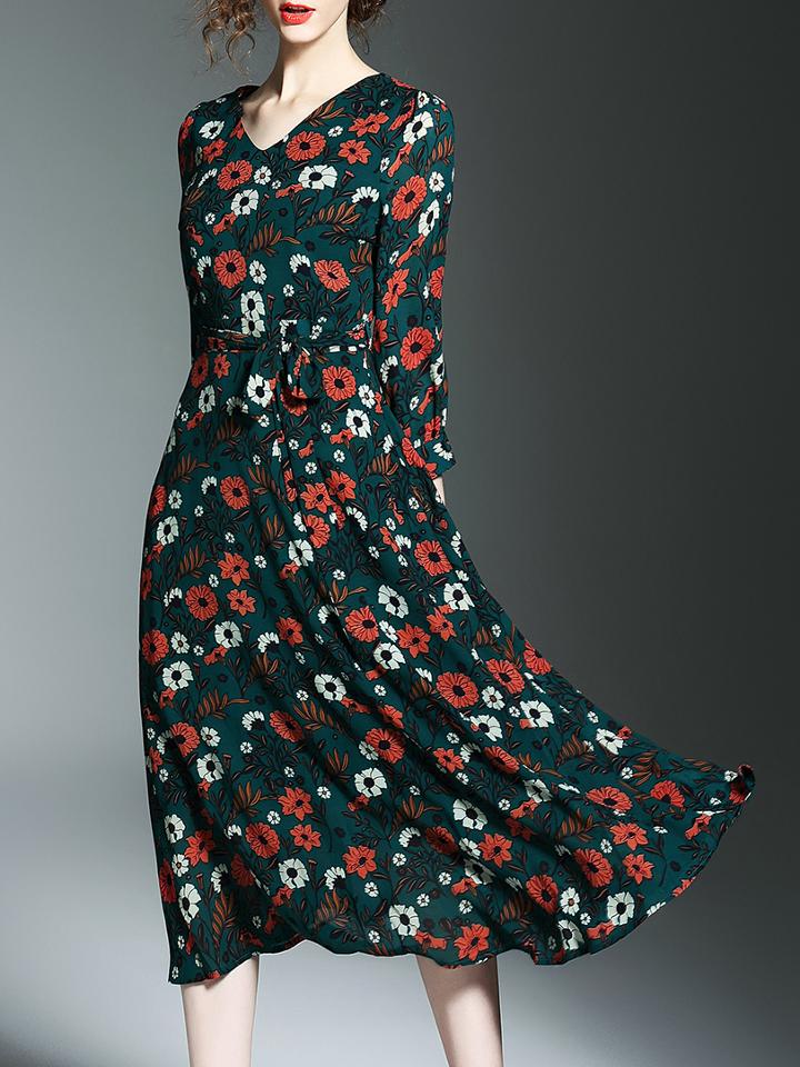 Shein Green  V Neck Floral Tie-waist Dress