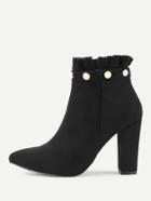 Shein Faux Pearl Ruffle Trim Block Heeled Boots