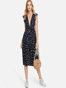 Shein Deep V Neck Belted Polka Dot Dress