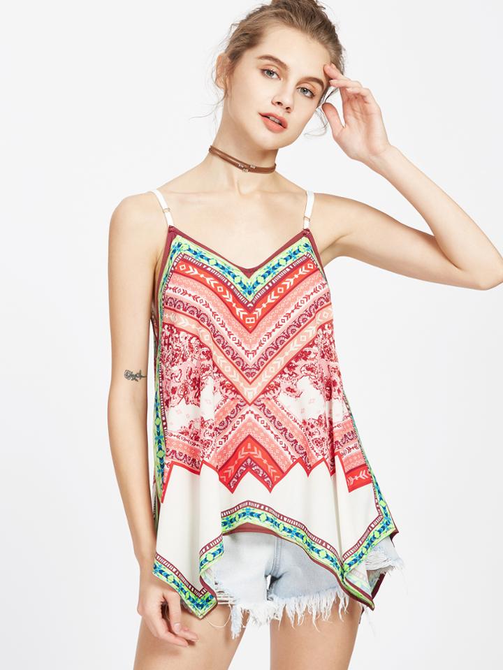 Shein Tribal Print Asymmetrical Trim Cami Top