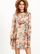 Shein Pink Flower Print Shirred Cuff Tunic Dress