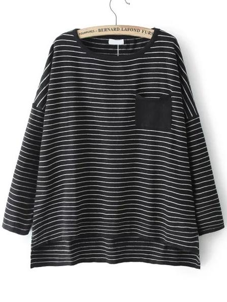 Shein Black Round Neck Striped Pocket Knitwear