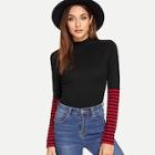 Shein Mock Neck Striped Ribbed Tee