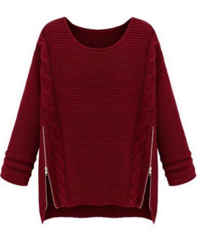 Shein Wine Red Long Sleeve Side Zipper Cable Knit Sweater