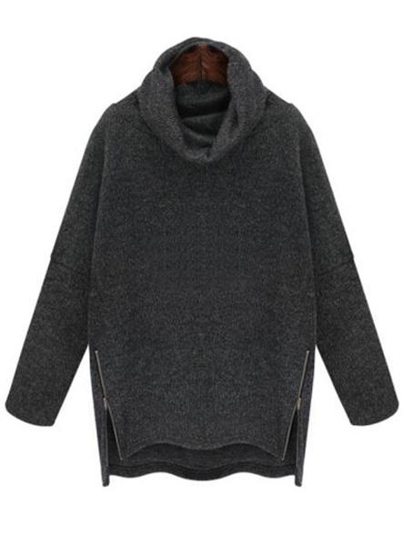 Shein Grey Turtleneck Slit Zipper High Low Sweatshirt