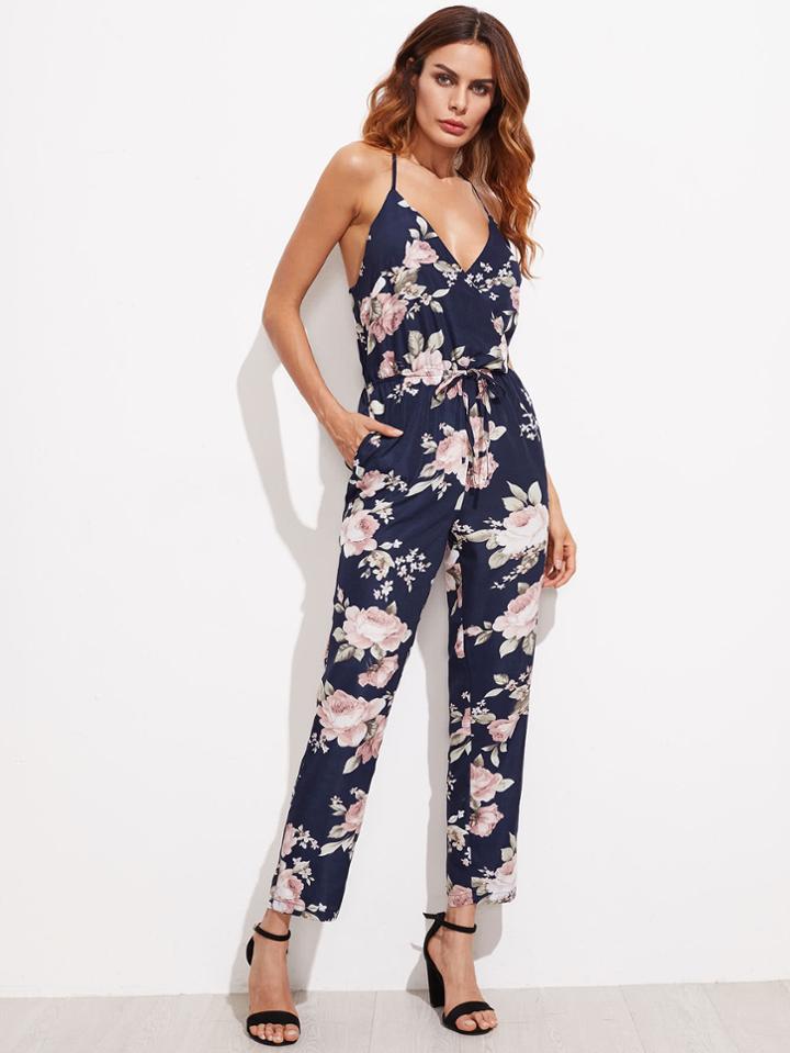 Shein Wrap V Neckline Floral Print Crisscross Drawstring Jumpsuit