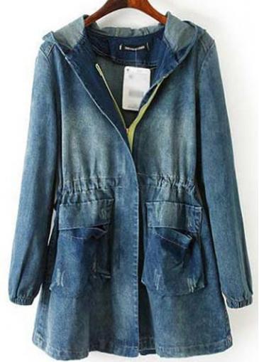 Rosewe Chi Zipper Closure Hooded Collar Long Sleeve Denim Coat