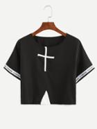 Shein Cross Patch Woven Tape Embellished Crop T-shirt - Black