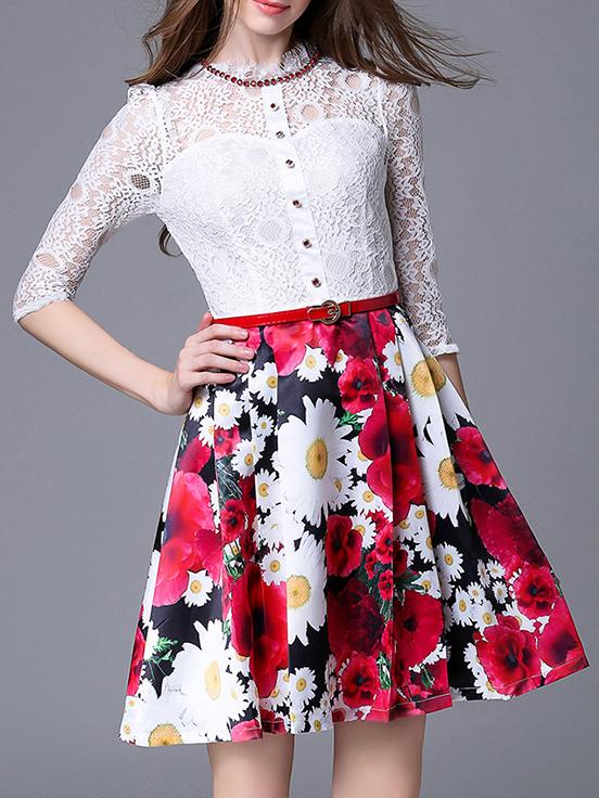 Shein White Beading Belted Print Lace A-line Dress