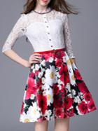 Shein White Beading Belted Print Lace A-line Dress
