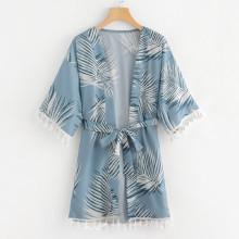 Shein Fringe Trim Self Tie Waist Printed Kimono