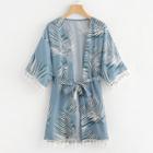 Shein Fringe Trim Self Tie Waist Printed Kimono